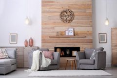 Cozy furnished apartment with niche in wooden wall and armchair. Interior design
